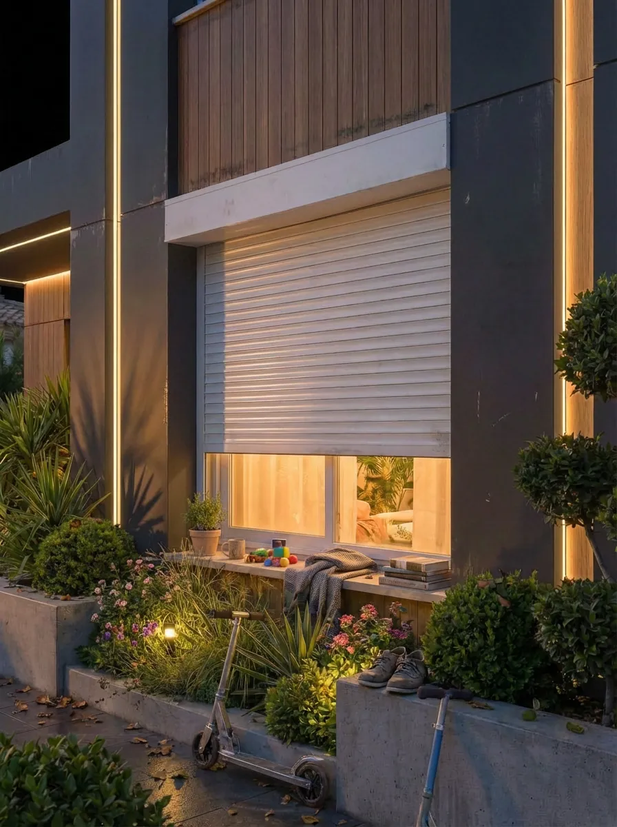 Cajón compacto de noche con jardín iluminado